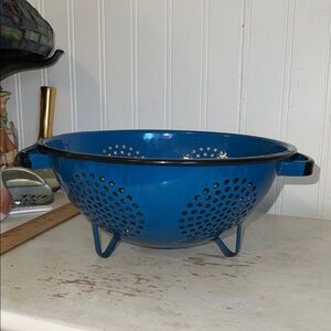 Antique blue enamel ware sieve colander metal black trim